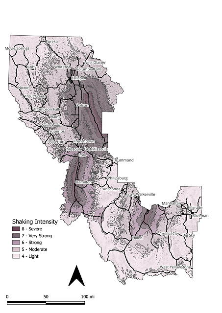 A map of the affected area, indicating hazard intensity