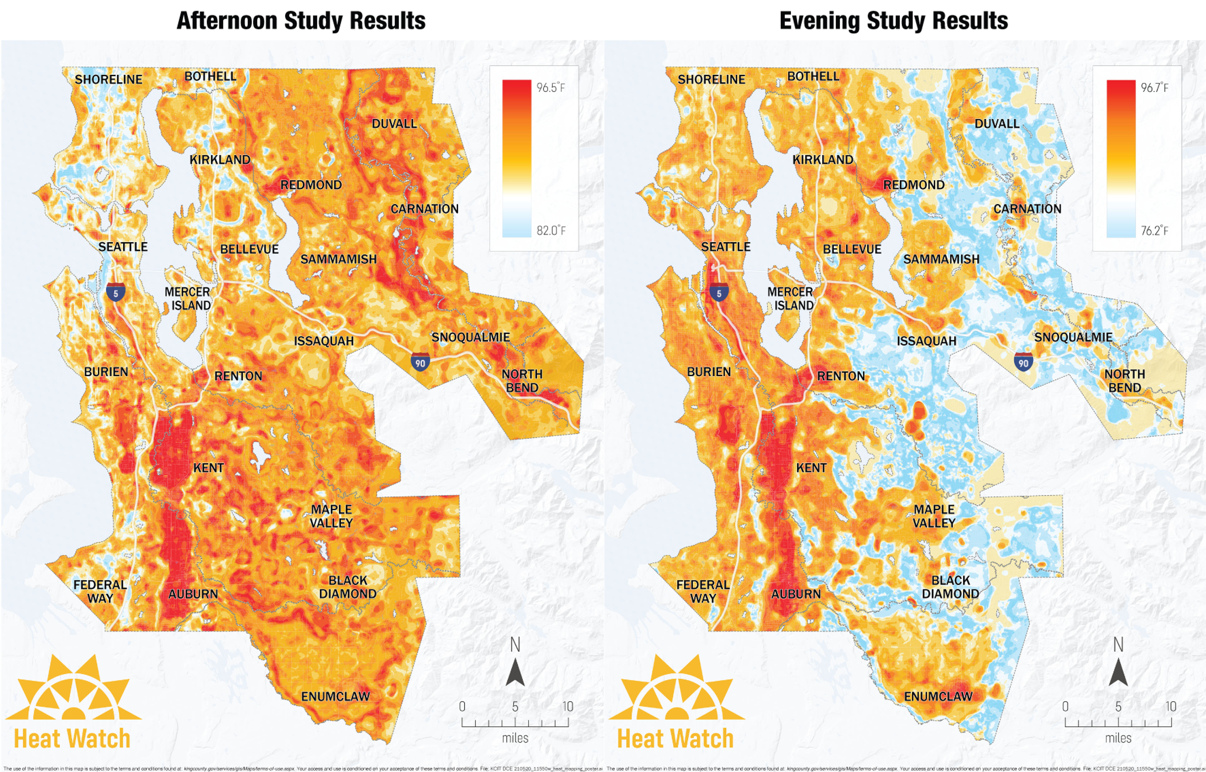 Side by side images of temperature distribution on wester King County. Left panel has afternoon results and right panel has evening study results. South Seattle near Auburn and Kent are the hottest areas in the area reaching 96 degrees.