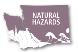 An outline of Washington State in purple with the text natural hazards overlaid on top