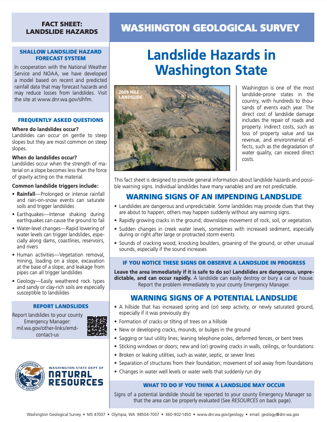 A screen capture of the first page of the fact sheet titled "Landslide Hazards in Washington State."